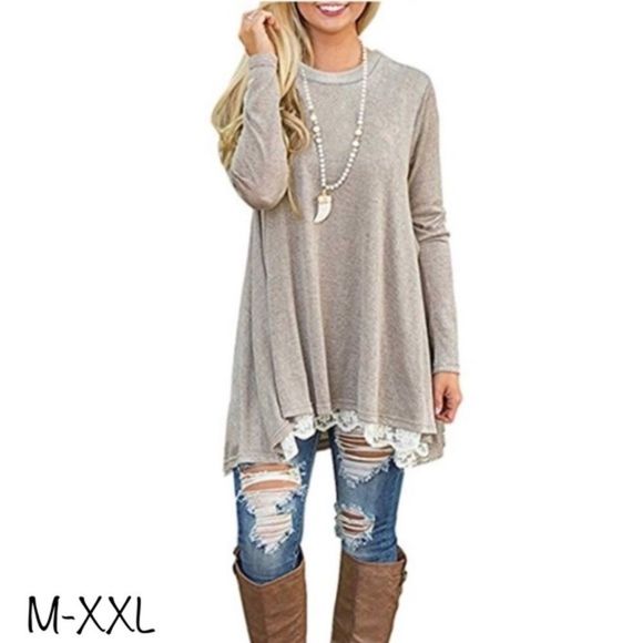 Oatmeal Khaki Tan Long Sleeve Lace Hem Tunic Dress - Picture 1 of 8